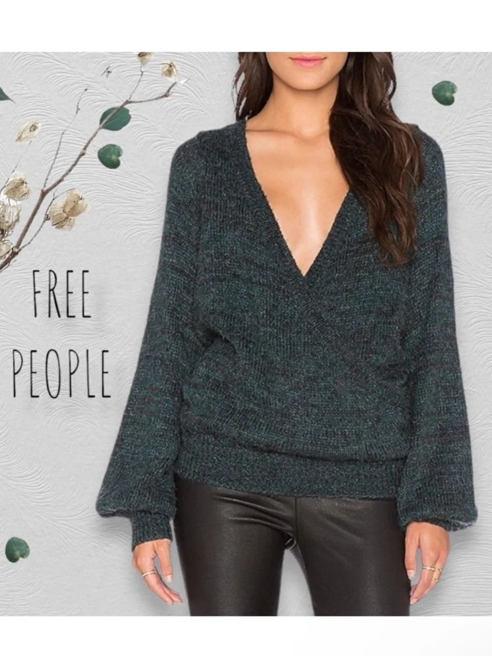 NWT FREE PEOPLE Karina Wrap Slouchy Sweater Black Emerald M